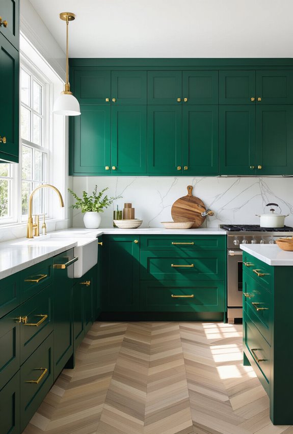 emerald cabinets with luxe finishes