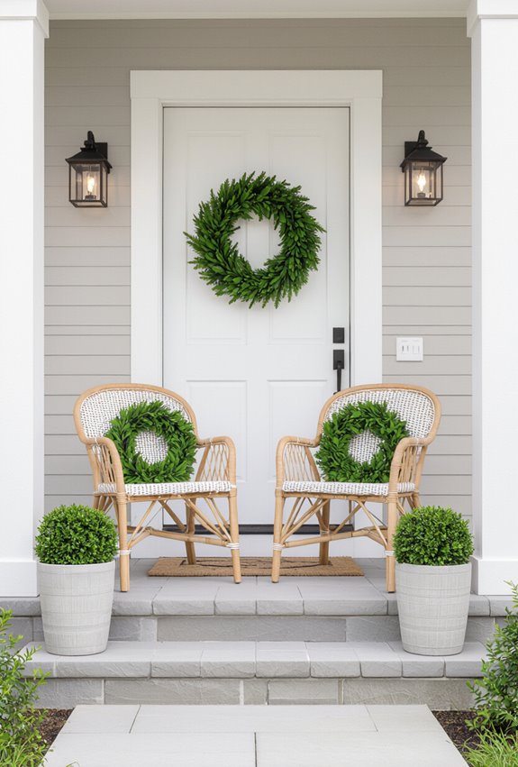 evergreen wreath adorned front seating