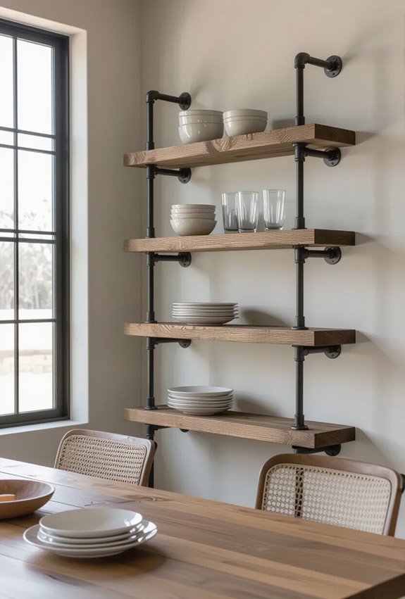exposed industrial pipe shelving