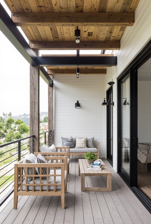 exposed weathered beams with lighting