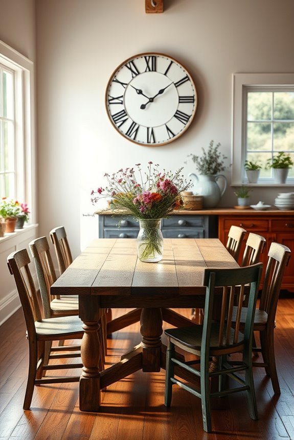 farmhouse clock enhances decor