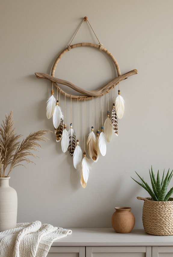 feathered driftwood coastal wall mobile