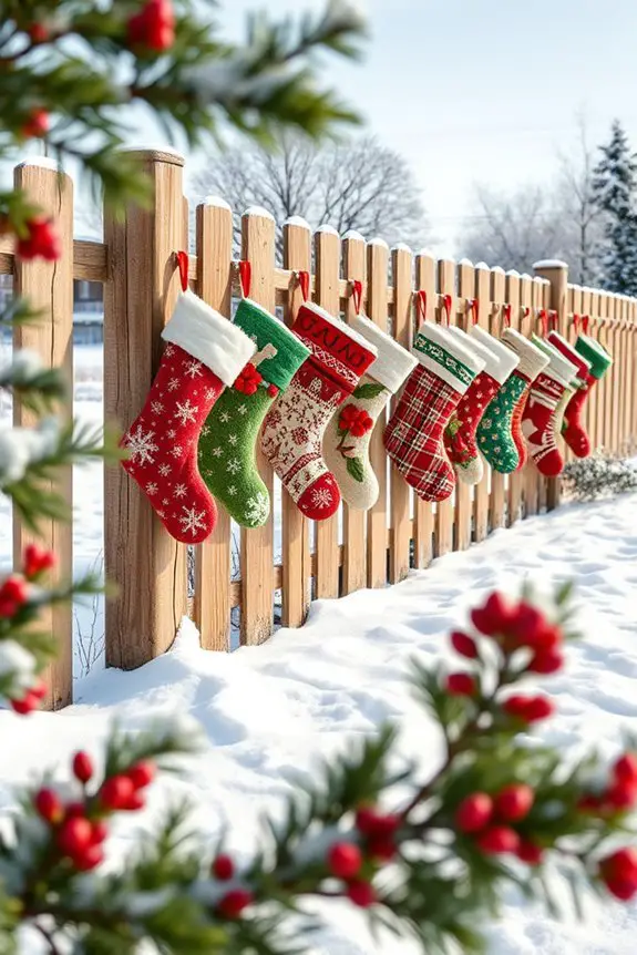 festive stockings on fence