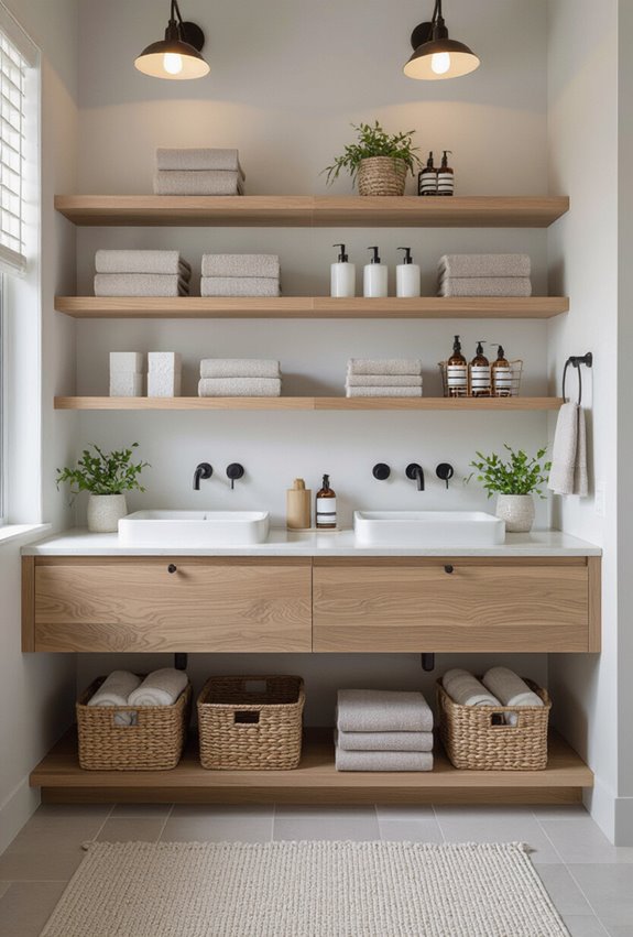 floating shelves maximize bathroom storage