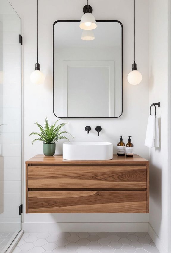 floating wood vanity green accents