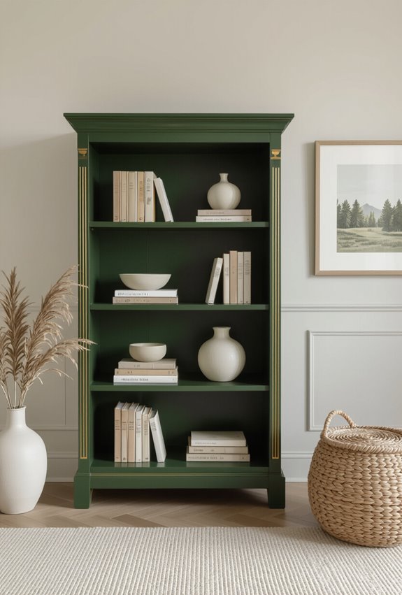 forest green bookshelf with gold