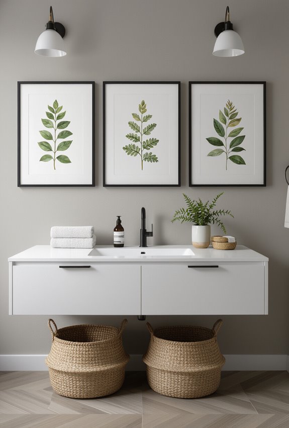 framed botanical prints near light