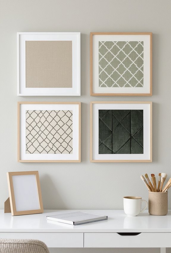 framed patterned fabric and wallpaper