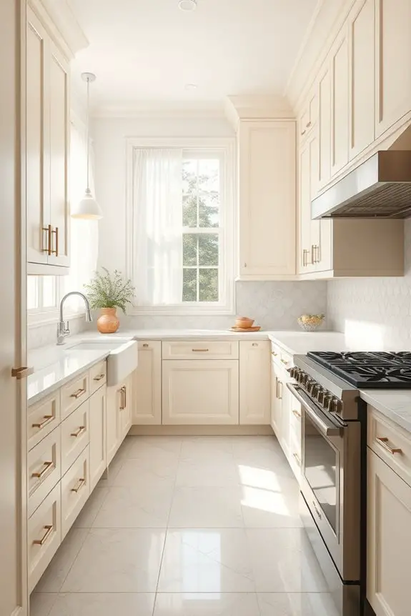 geometric tile enhances cream cabinets