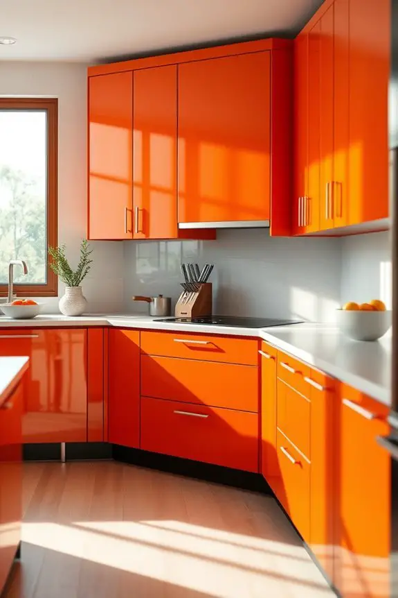 glossy burnt orange cabinets