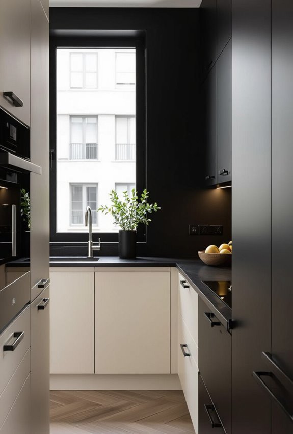 glossy cream vertical black cabinetry