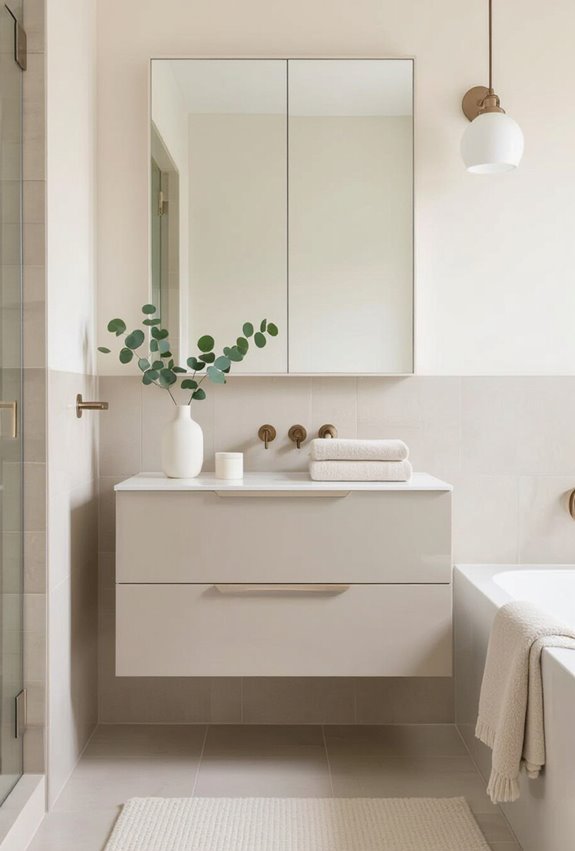 glossy floating cabinets reflect light