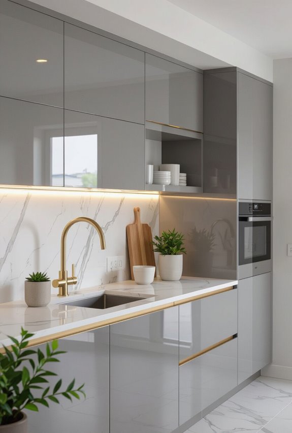 glossy grey cabinets brass