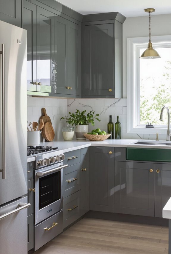 glossy grey cabinets green hardware