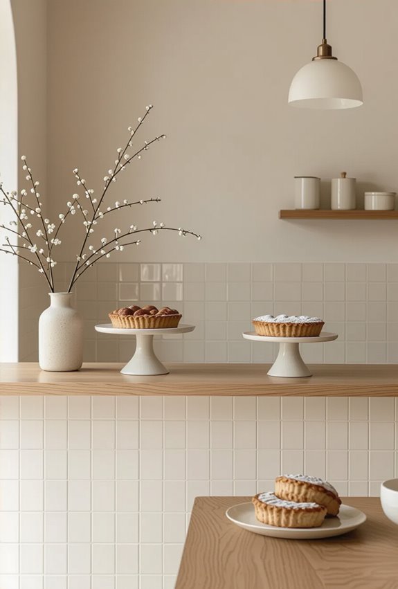 glossy tiles warm wood plaster