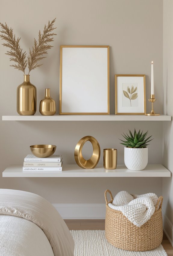 gold accented curated shelf vignettes