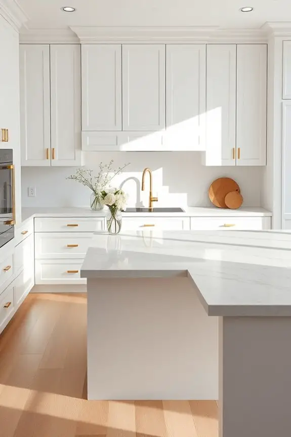 gold accents enhance white kitchens