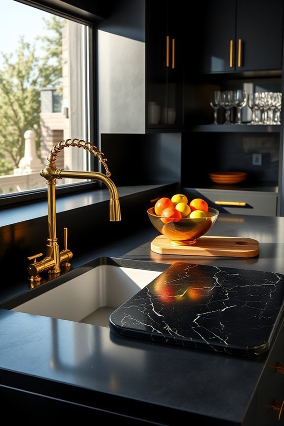 gold accents in dark kitchens