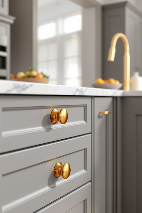 gold knobs enhance grey drawers