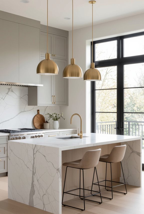 gold pendant lights over islands