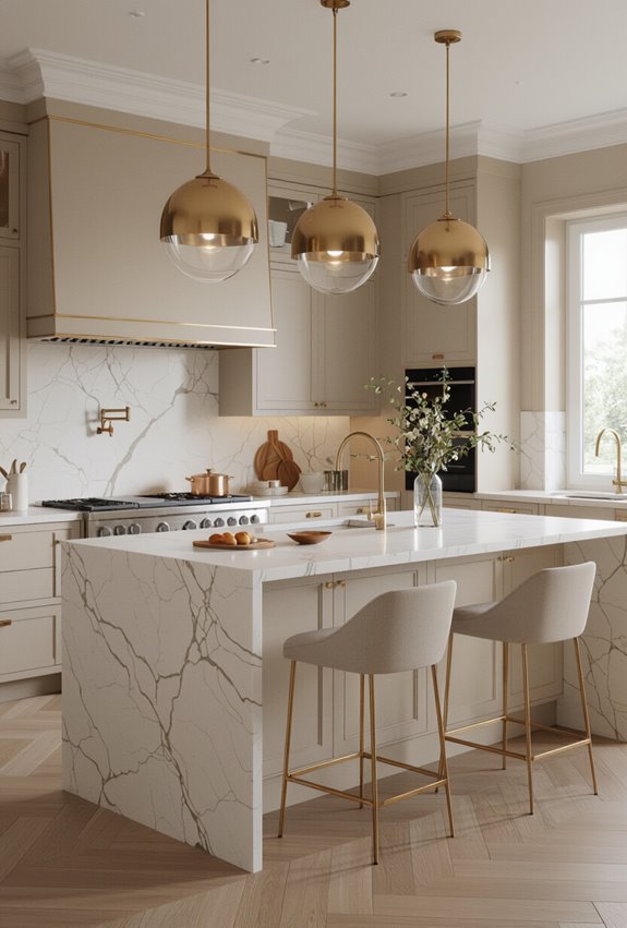 gold pendants above island