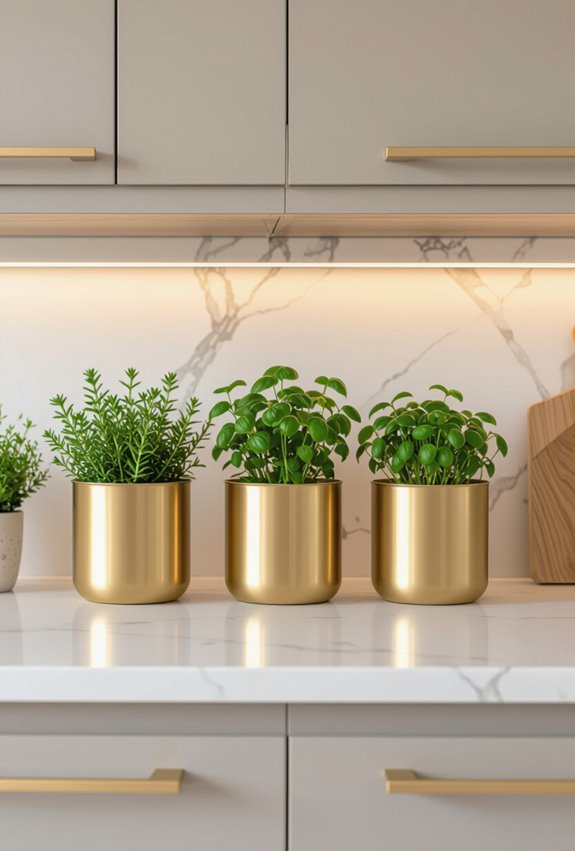 gold planters with herbs