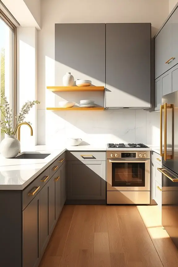 gold shelving grey cabinets