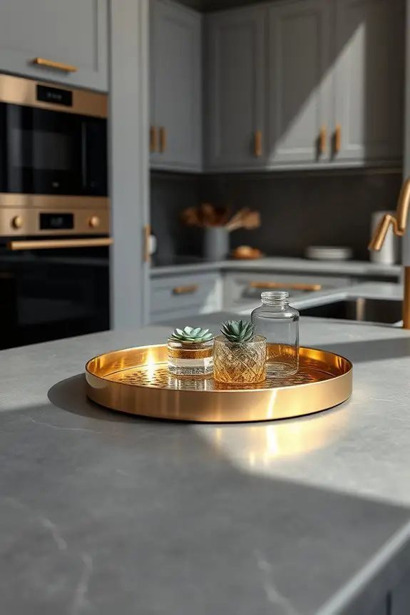gold tray enhances grey countertops