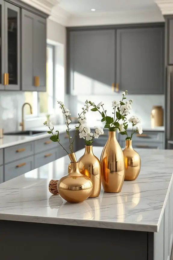 gold vases enhance grey elegance