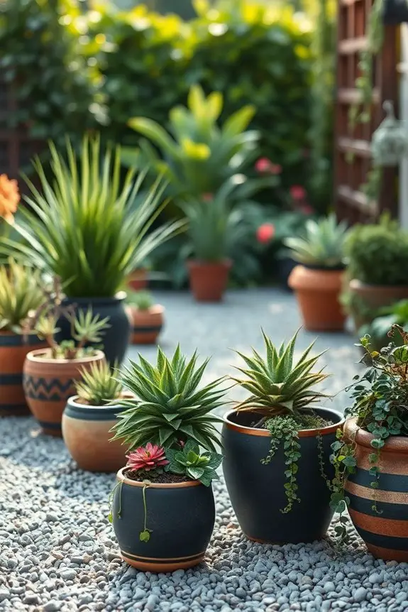 gravel patio with potted plants