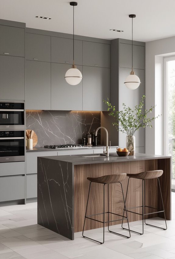 gray cabinetry with walnut veneer