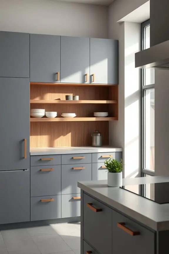 gray cabinets wooden accents