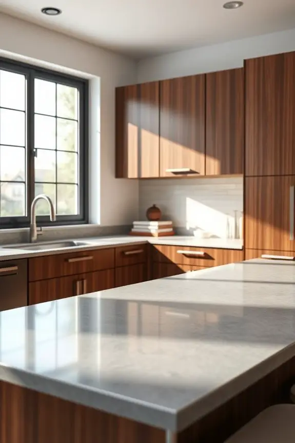 gray countertops brown cabinets