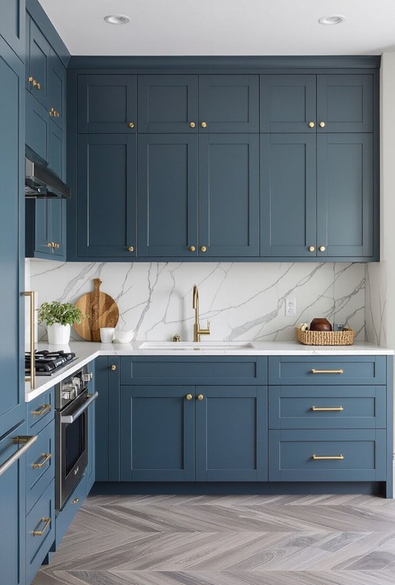 gray floors blue cabinets
