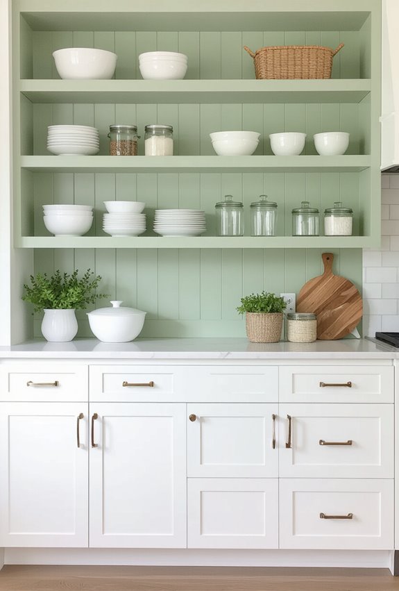 green and white curated shelving