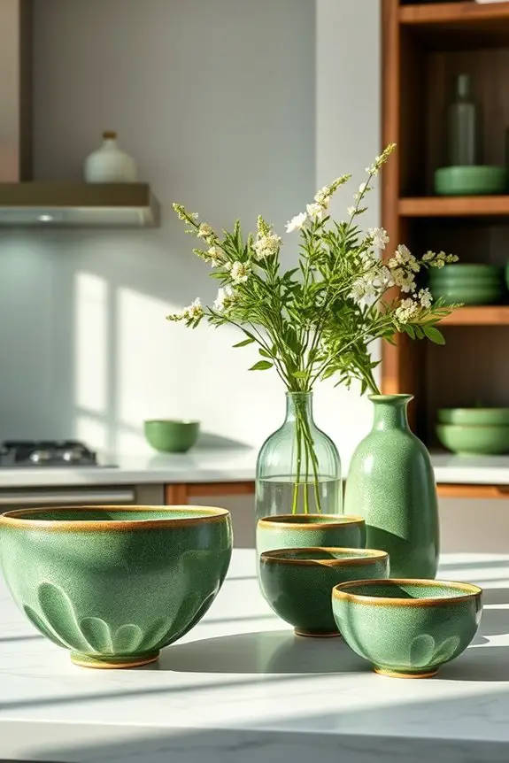 green bowls and vases