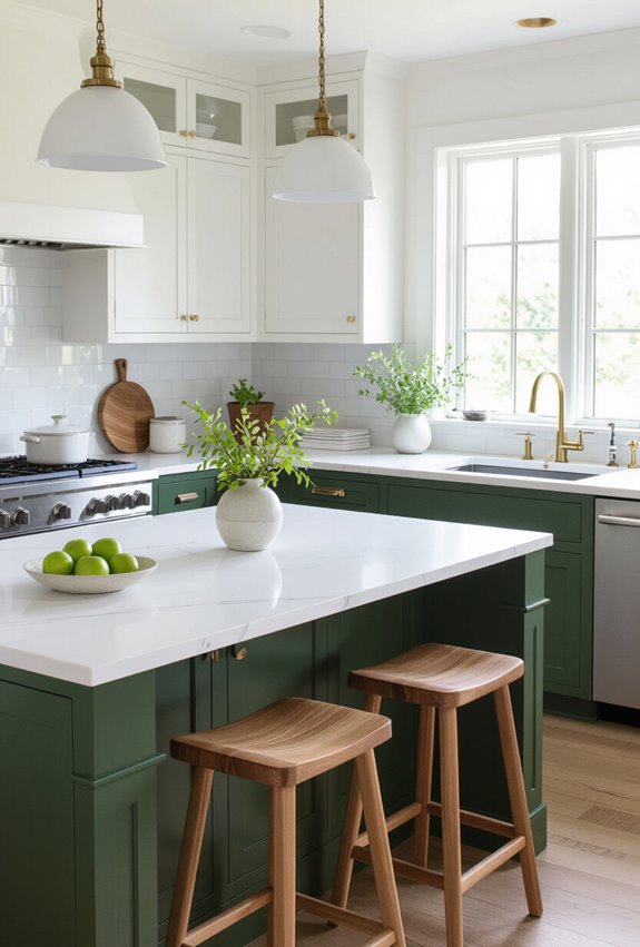 green cabinets white island