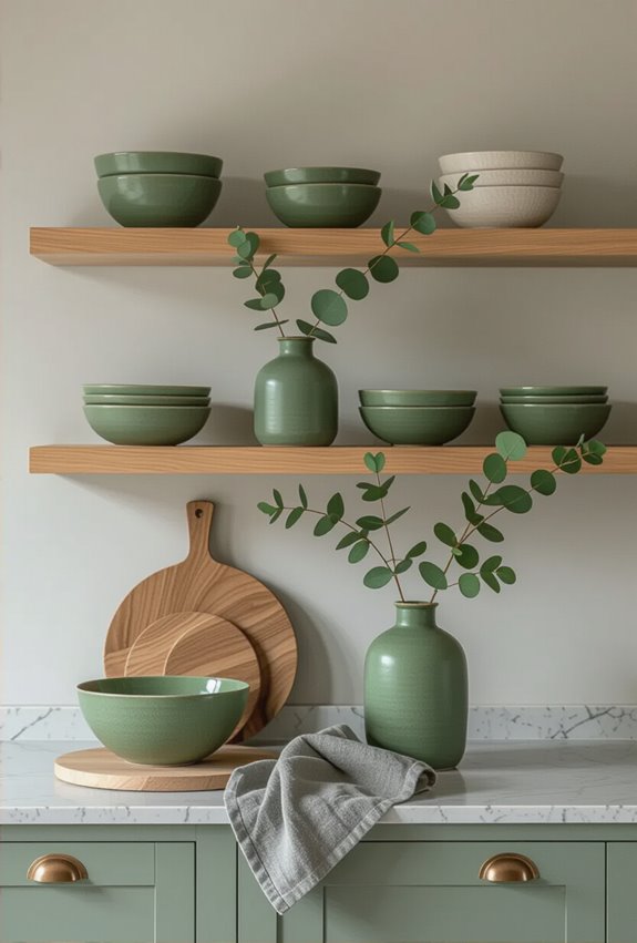 green ceramics grey linens
