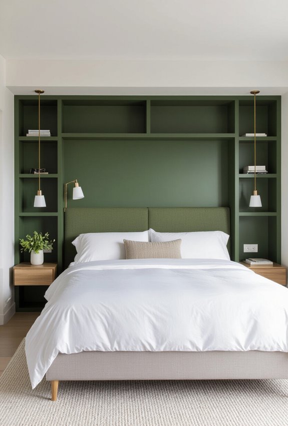 green headboard with shelving