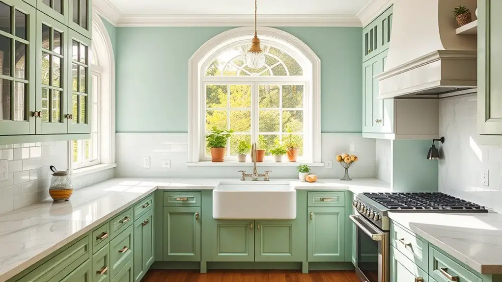 green kitchens with white cabinets