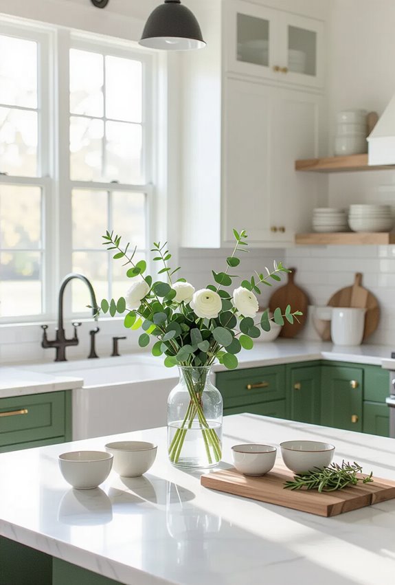 green lower cabinets white uppers