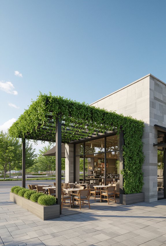 green pergola with climbers