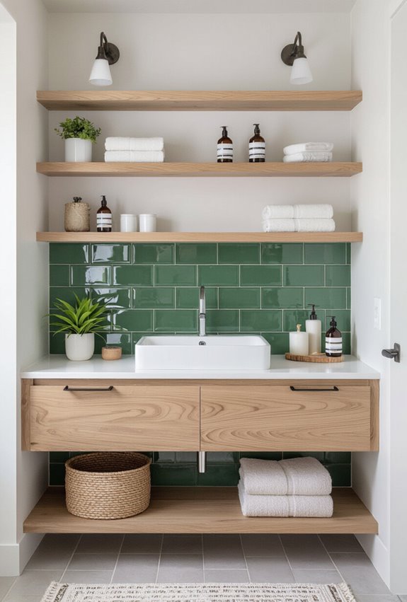 green tile backsplash with shelving