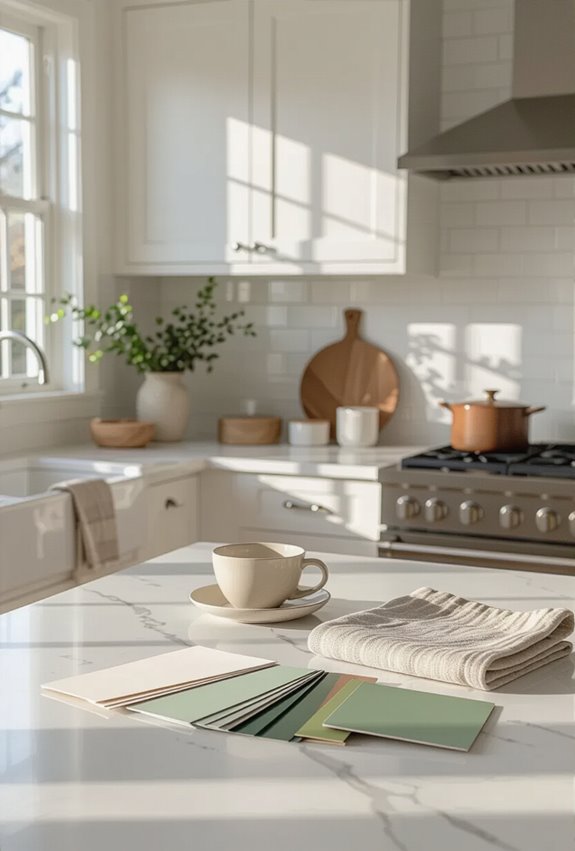 green tones balance white cabinetry