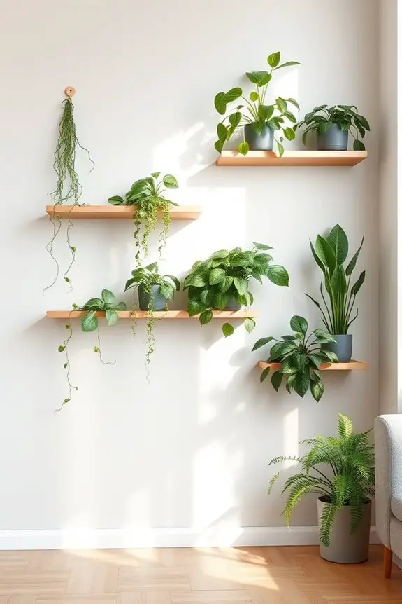 greenery adorned floating shelves