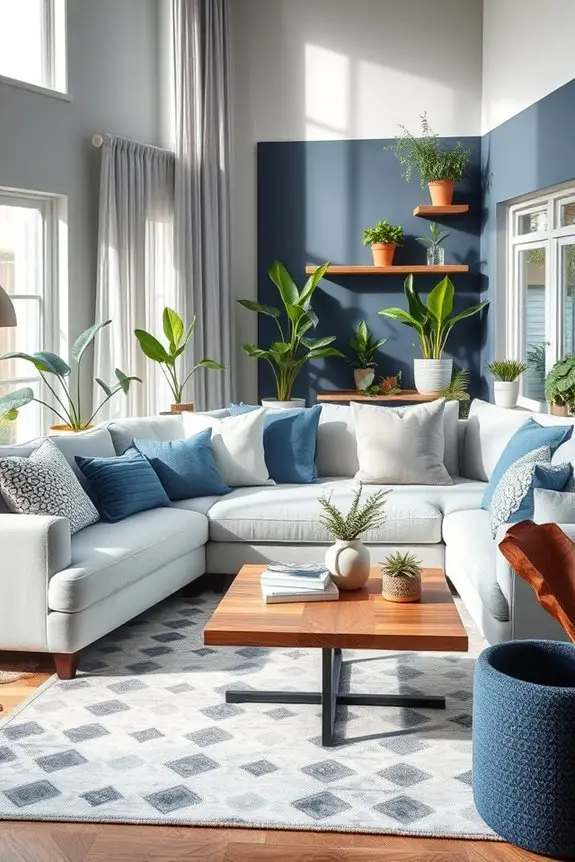 greenery enhances grey blue decor
