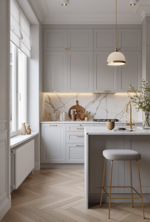 grey cabinetry with gold accents