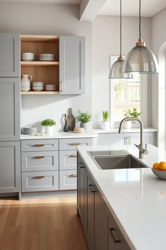 grey cabinets with open shelving