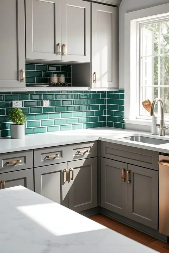 grey shaker cabinets green backsplash