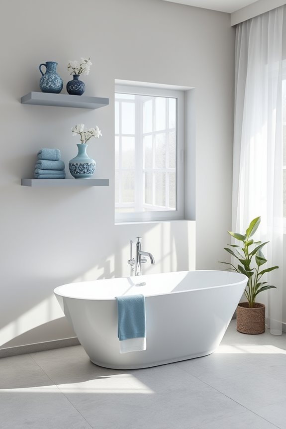 grey shelves with blue d cor